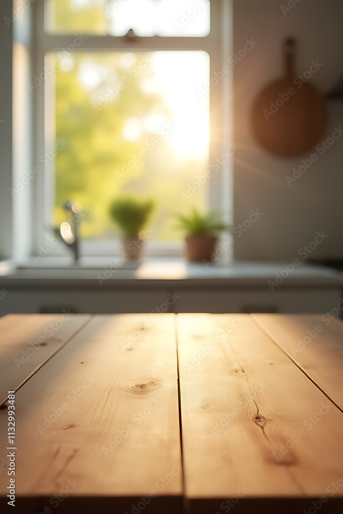Aufkleber The end grain wood table counter top has a blurred kitchen in the morning window background when selective focus is used._00001_
