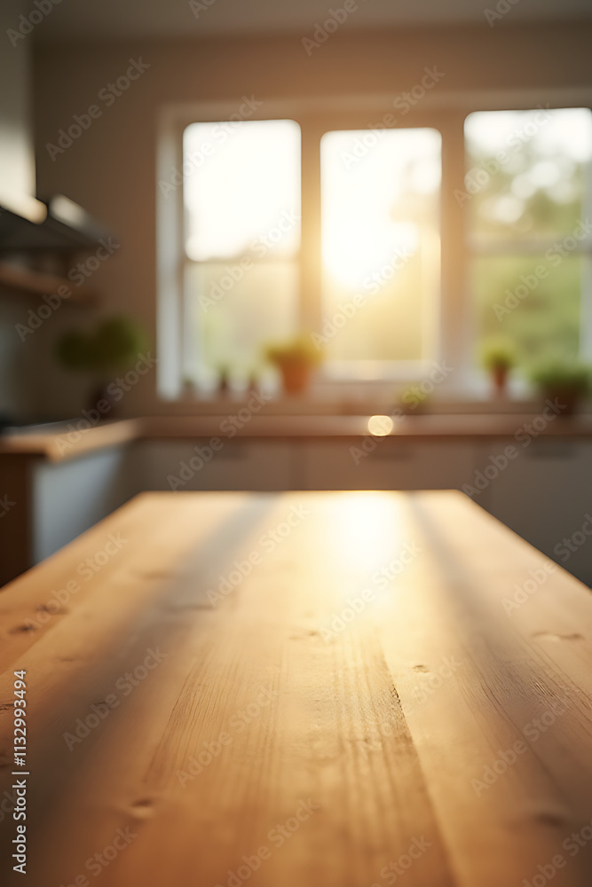Poster The end grain wood table counter top has a blurred kitchen in the morning window background when selective focus is used._00002_