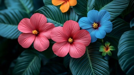 Tropical flowers in vivid pink, blue, and red hues
