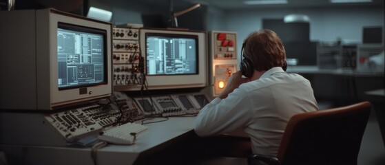 An engineer navigates through technical data on multiple screens in a dimly lit control room, illustrating the synergy between human intellect and digital systems.