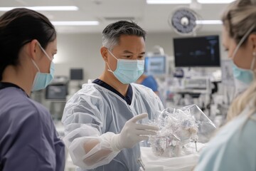 Obraz premium A clinical team meticulously reviews a human anatomy sample, showcasing dedication to medical practice, collaboration, and the importance of precise surgical procedures.