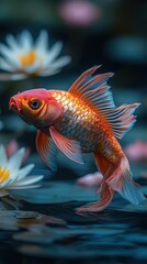 Fototapeta premium A vibrant goldfish swimming among water lilies in a serene pond setting.