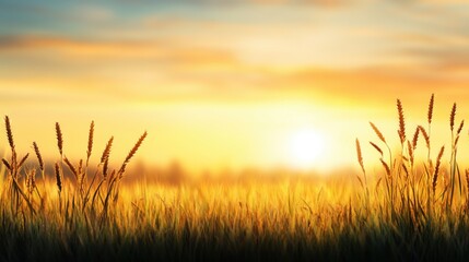 Fototapeta premium Golden Wheat Field Under a Beautiful Sunset with Soft Clouds and Warm Light Illuminating the Horizon