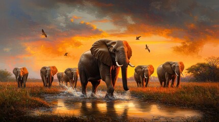 Majestic Elephants Walking Through Water at Sunset in Nature