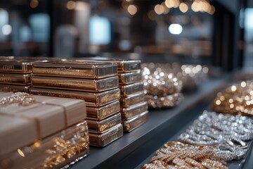 An exquisite arrangement of gold bars and elegant jewelry glistening under soft light, representing the pinnacle of luxury and craftsmanship in a refined environment.