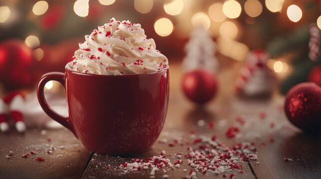 A festive cup of whipped cream topped with red sprinkles, surrounded by holiday decorations.