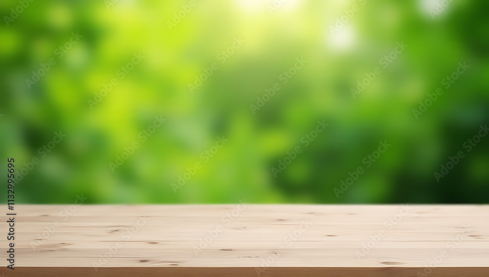 Poster Tabletop surface features a blurred green garden background suitable for creating product displays and key visuals within clipping paths._00001_