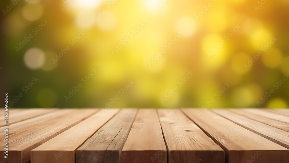 Poster Tabletop empty of wood, featuring a blurred light gold bokeh abstract background for a stylish product display or key visual layout._00001_
