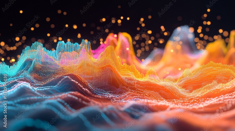 Poster dynamic visualization of sound waves abstract digital landscape graphic art vibrant colors close-up 