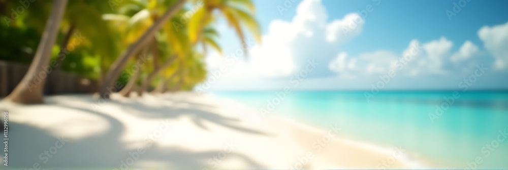 Poster summer and holiday backgrounds feature selective focus on white sandy shores lined with coconut palm