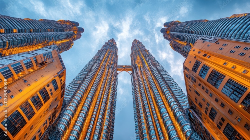 Poster low angle view of three illuminated skyscrapers against a cloudy sky.