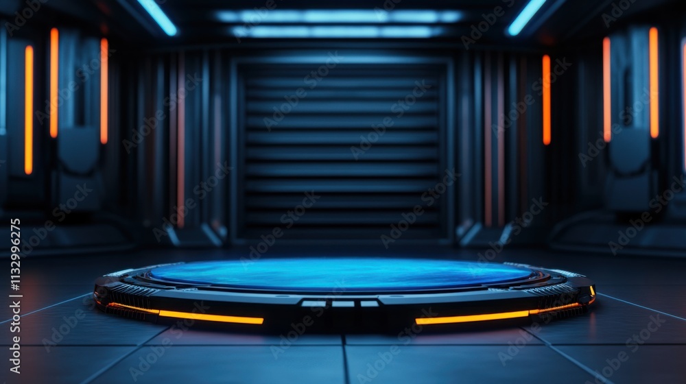 Poster futuristic circular platform in a sci-fi environment with neon lights and dark background