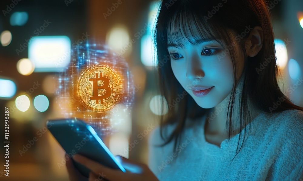 Poster a woman interacts with a smartphone displaying a bitcoin symbol.