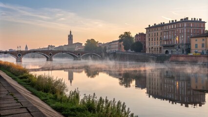 Fototapeta premium Serene Waterfront Cityscape at Dawn with Low River Reflection