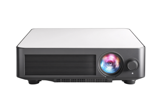 a black and white projector with a multicolored light