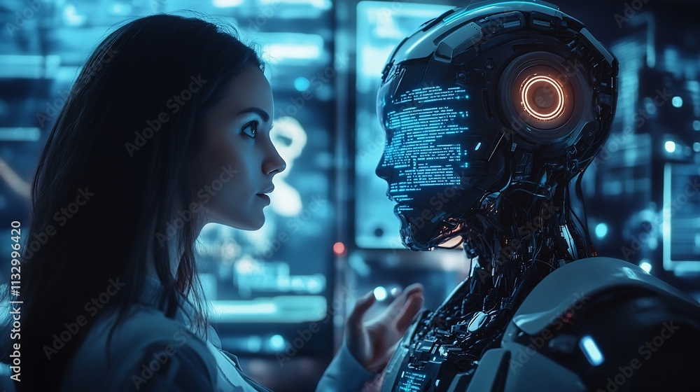Poster a woman interacts with a humanoid robot in a futuristic setting.