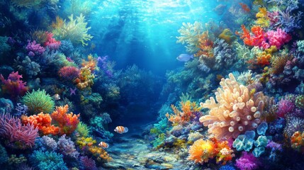 Naklejka premium Vibrant coral reef exploration underwater ocean nature photography colorful marine life scenic view environmental awareness