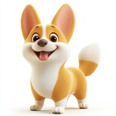 Fototapeta premium A 3D corgi icon with oversized paws and a wagging tail, standing against a clean white background