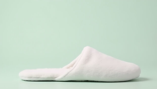 Soft white slippers rest on a calming colored background evoking feelings of serene relaxation and inner peace concepts._00001_