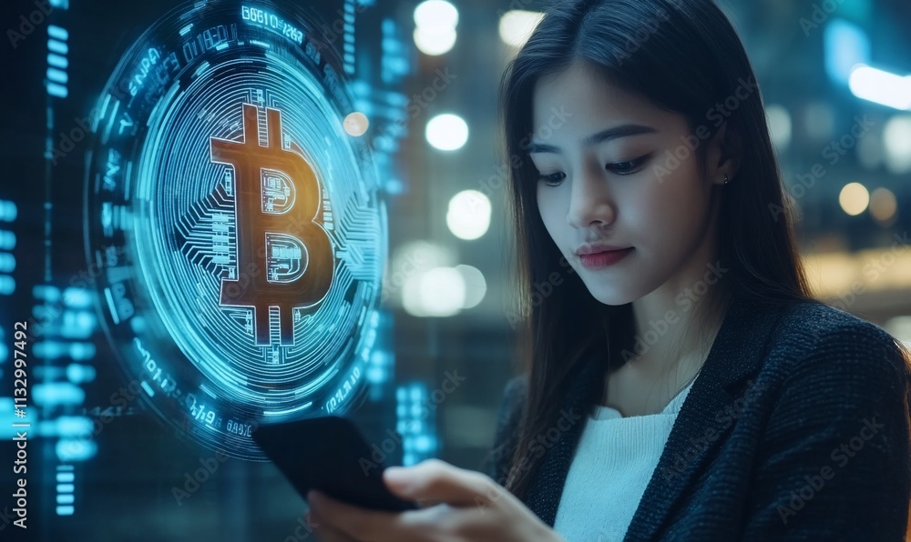 Poster a woman uses a smartphone with a bitcoin symbol in a digital environment.