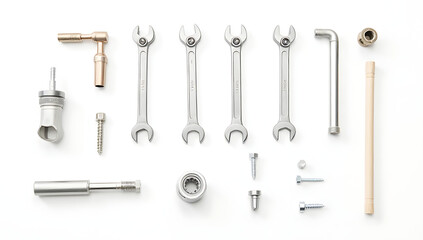 Obraz premium Set of house repair tools including wrenches, screws, and bolts arranged in a flat lay pattern against a white background._00002_