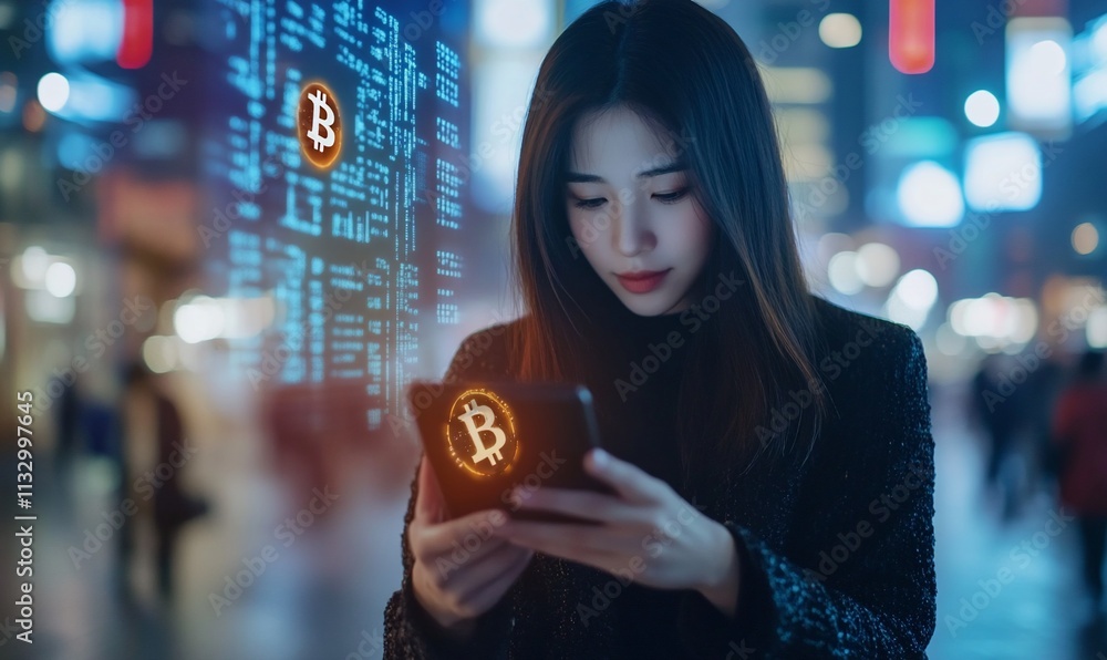 Poster A woman using a smartphone with Bitcoin graphics in a city setting.