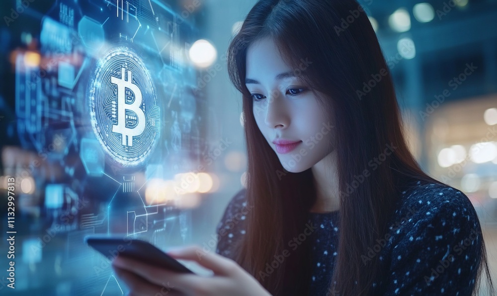 Poster a woman using a smartphone with a digital bitcoin symbol in the background.