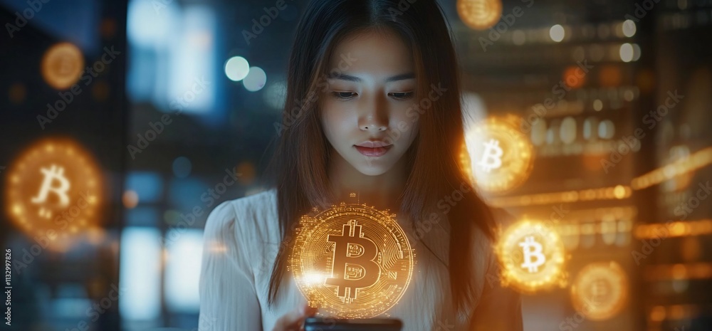 Poster A woman using a smartphone with Bitcoin graphics in a digital environment.