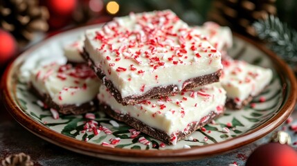 A festive plate of peppermint bark, decorated with crushed candy canes, ideal for holiday treats.
