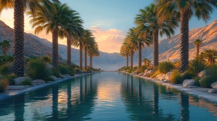 Serene sunset view of a reflecting pool lined with palm trees and mountains.