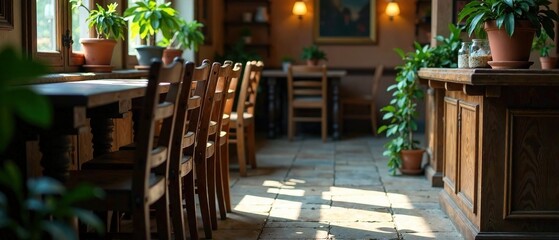 Fototapeta premium Rustic Wooden Chairs on Stone, Atmospheric Interior Design, Brown Tones