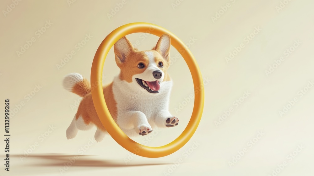 Poster a cheerful 3d corgi running through a hoop, with a playful expression in a minimalistic design on wh