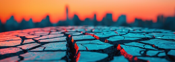 natural disasters earthquake climate concept. A vibrant sunset casts colorful hues over a cracked surface, creating a striking contrast against a city skyline silhouette.