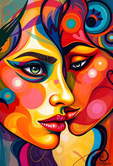 Colorful abstract art featuring two faces, blending vibrant shades and intricate patterns, representing diverse beauty and identity, smooth light, with white tones