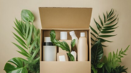 Obraz premium Unboxing eco-friendly beauty products home environment product showcase natural setting close-up view sustainable concept