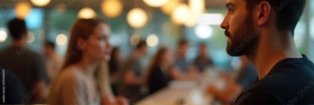 Poster people blurred in the background of a cafe or restaurant while focusing on the subject with a light 