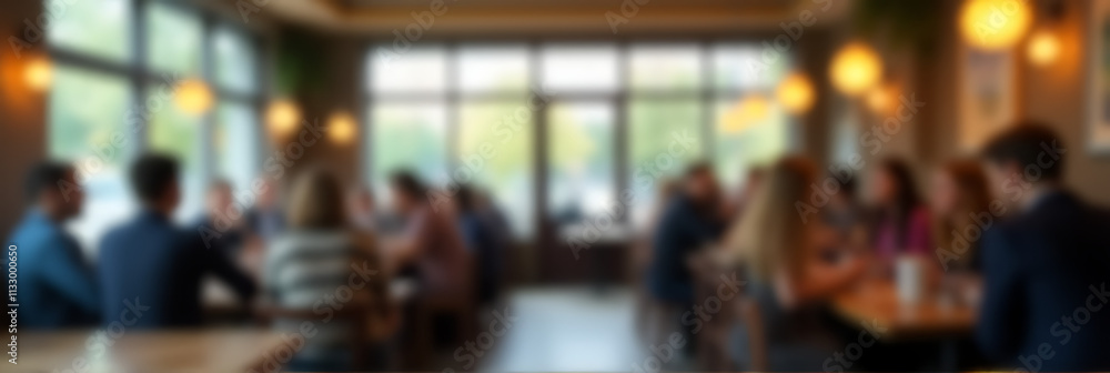 Poster people blurred in the background of a cafe or restaurant while focusing on the subject with a light 
