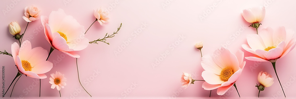 Poster Pastel flowers on a solid background create a soft and delicate decorative design element in interior space planning._00002_