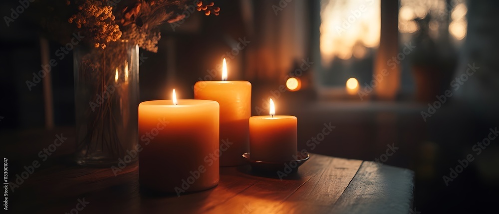Poster Warm and Inviting Glow of Candles on Rustic Wooden Table with Soft Background Lighting and Natural Decor Creating a Cozy Atmosphere in a Serene Indoor Setting
