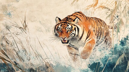 Obraz premium Majestic tiger roaming through dense jungle wildlife photography vibrant nature landscape close-up view wild animal concept