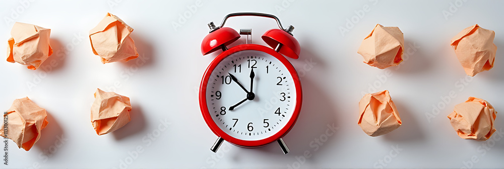 Aufkleber paper crumpled balls are used to represent idea generation while a red clock symbolizes timing conce