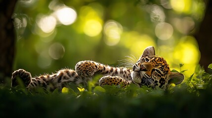 Obraz premium Adorable jaguar cub resting in lush green foliage, backlit by sunlight.