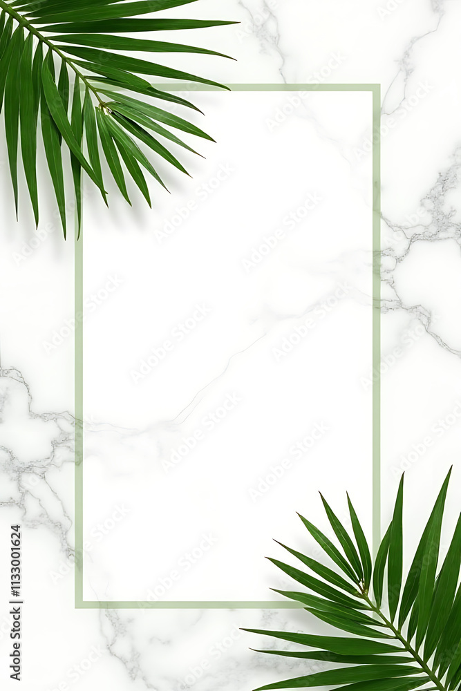 Aufkleber Palm leaves in a tropical pattern overlay on a marble background with ample copy space available to write text._00002_