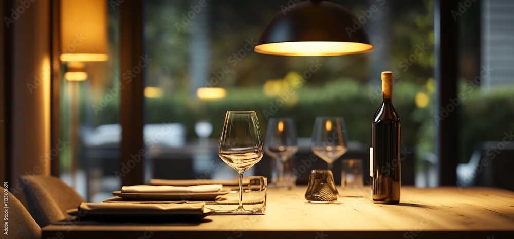 Poster elegant dinner setting with wine and glassware, creating a cozy atmosphere.