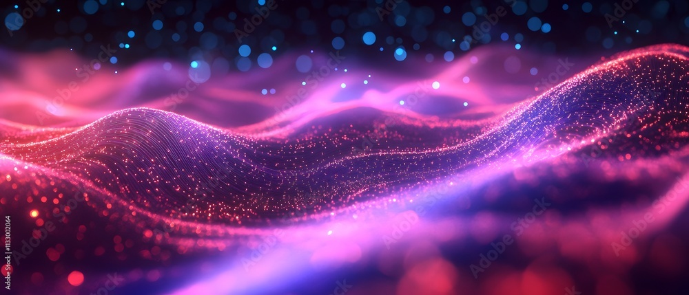 Poster Vibrant Abstract Waves of Light with Colorful Particles and Bokeh Effects in a Mystical Background Ideal for Creative Projects and Visual Storytelling