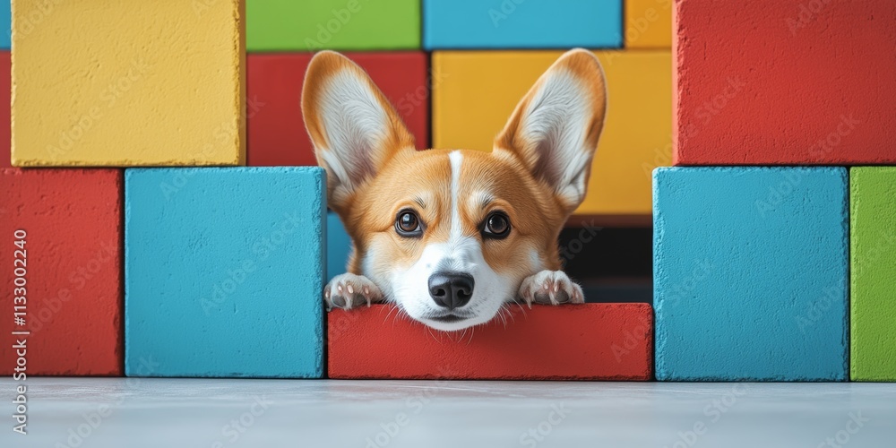 Aufkleber a cute 3d corgi peeking from behind a colorful block in a minimalist style on white