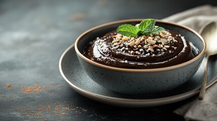 A creamy chocolate dessert topped with nuts and mint, served in a stylish bowl.