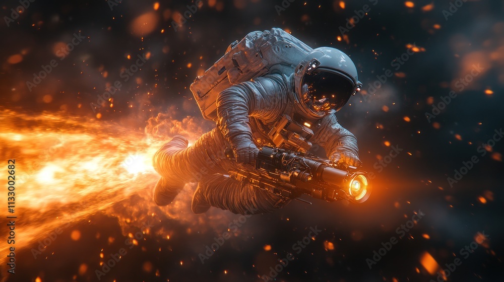 Poster an astronaut propelling through space with fiery thrusters, showcasing a dynamic sci-fi scene.