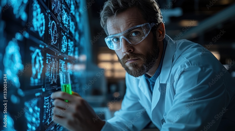 Poster scientist examining data on a digital screen while holding a test tube with green liquid.