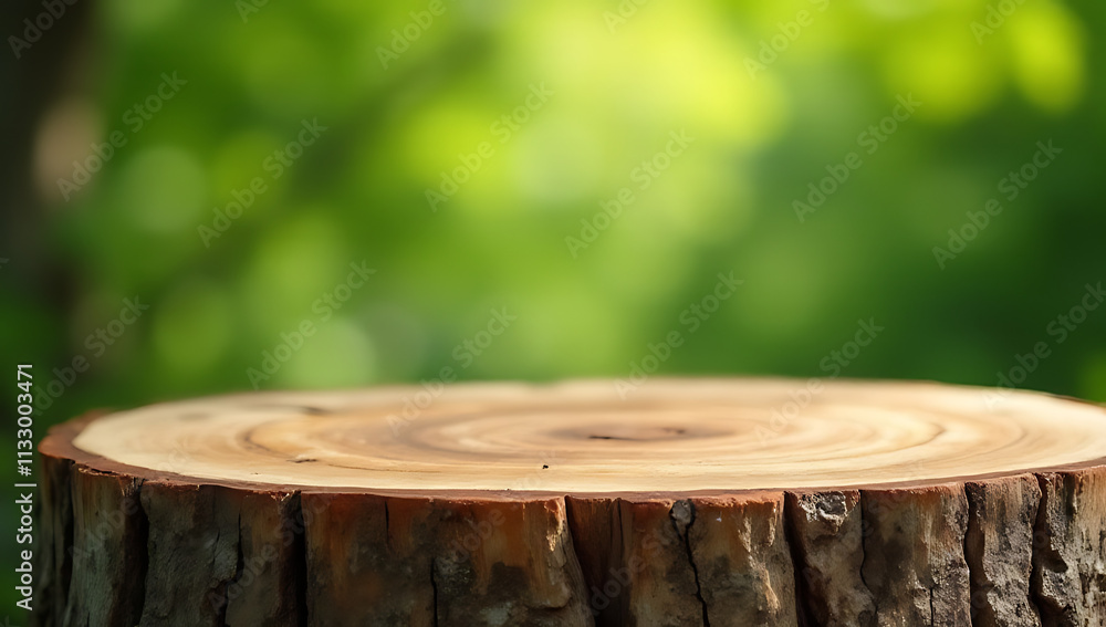 Aufkleber Old tree stump table top selectively focused with blurred green tree background ideal for product display and design visuals._00002_